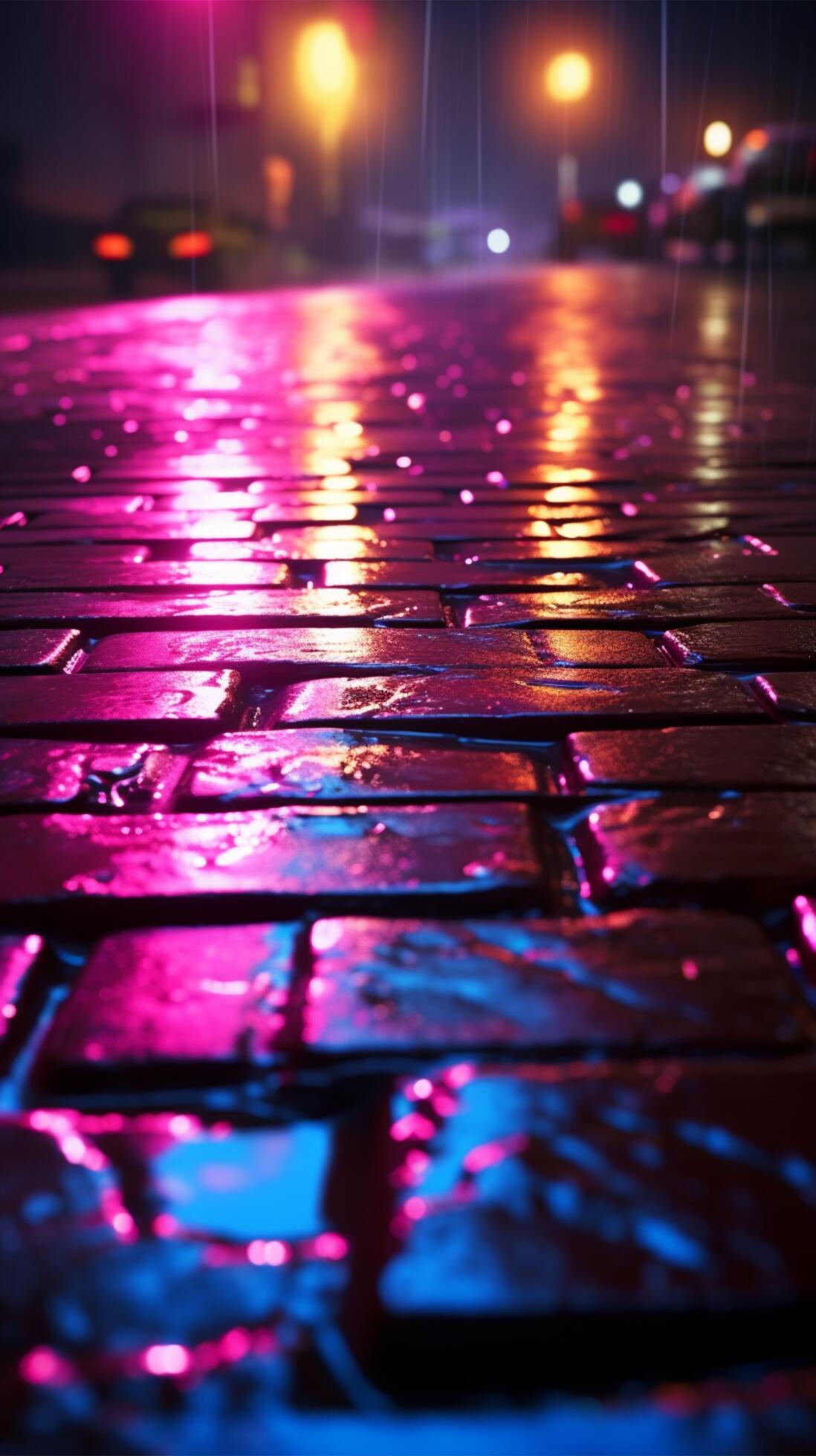 Abstract interplay of neon lights, searchlight, and smoky darkness on wet asphalt Vertical