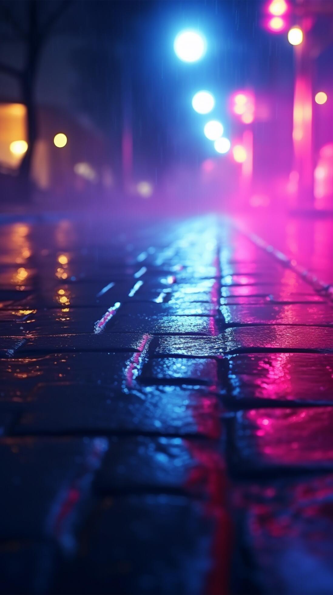 Abstract light patterns from neon lights, searchlight, and smoky fog on wet street Vertical