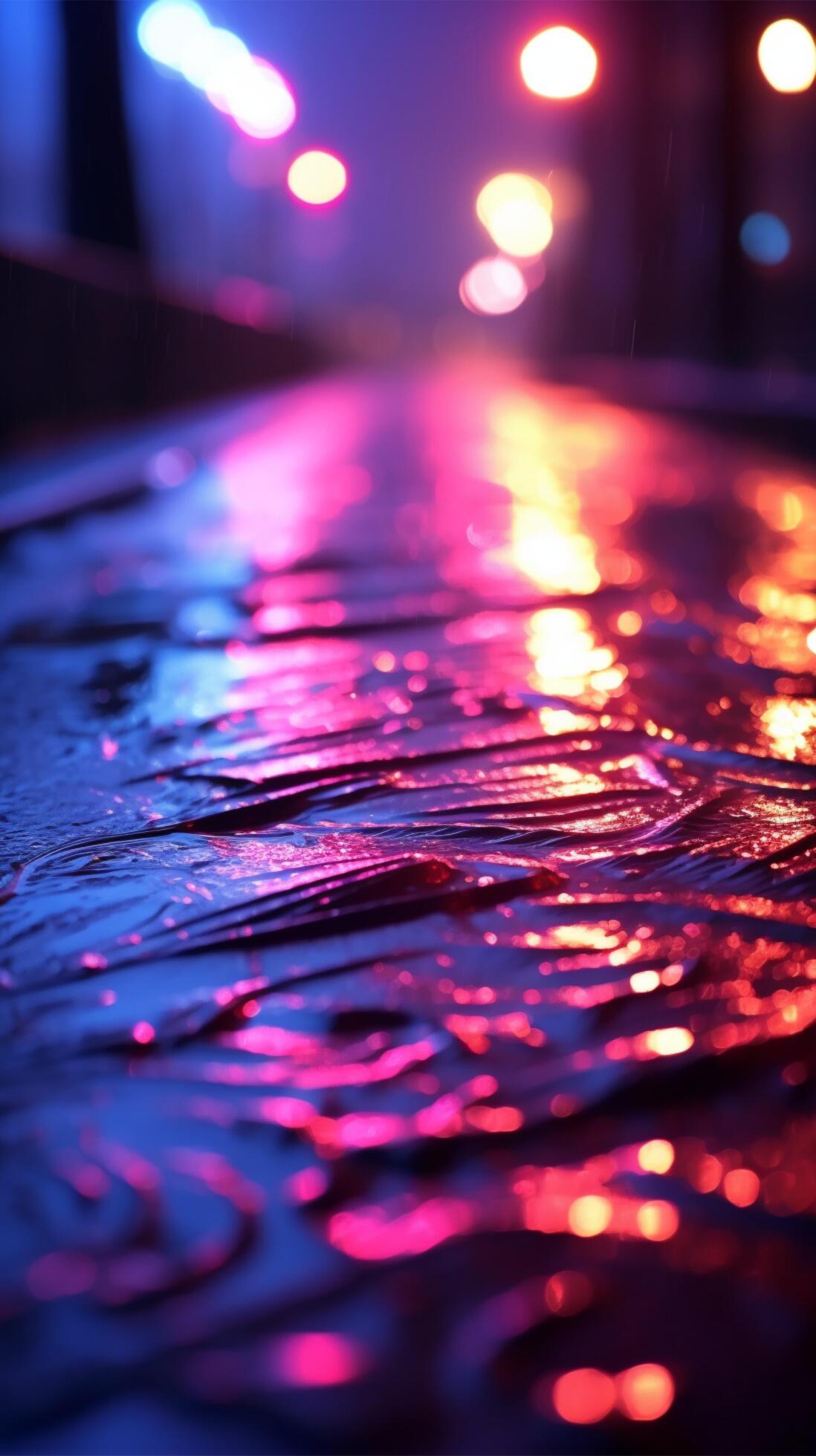 Abstract light patterns from neon lights, searchlight, and smoky fog on wet street Vertical