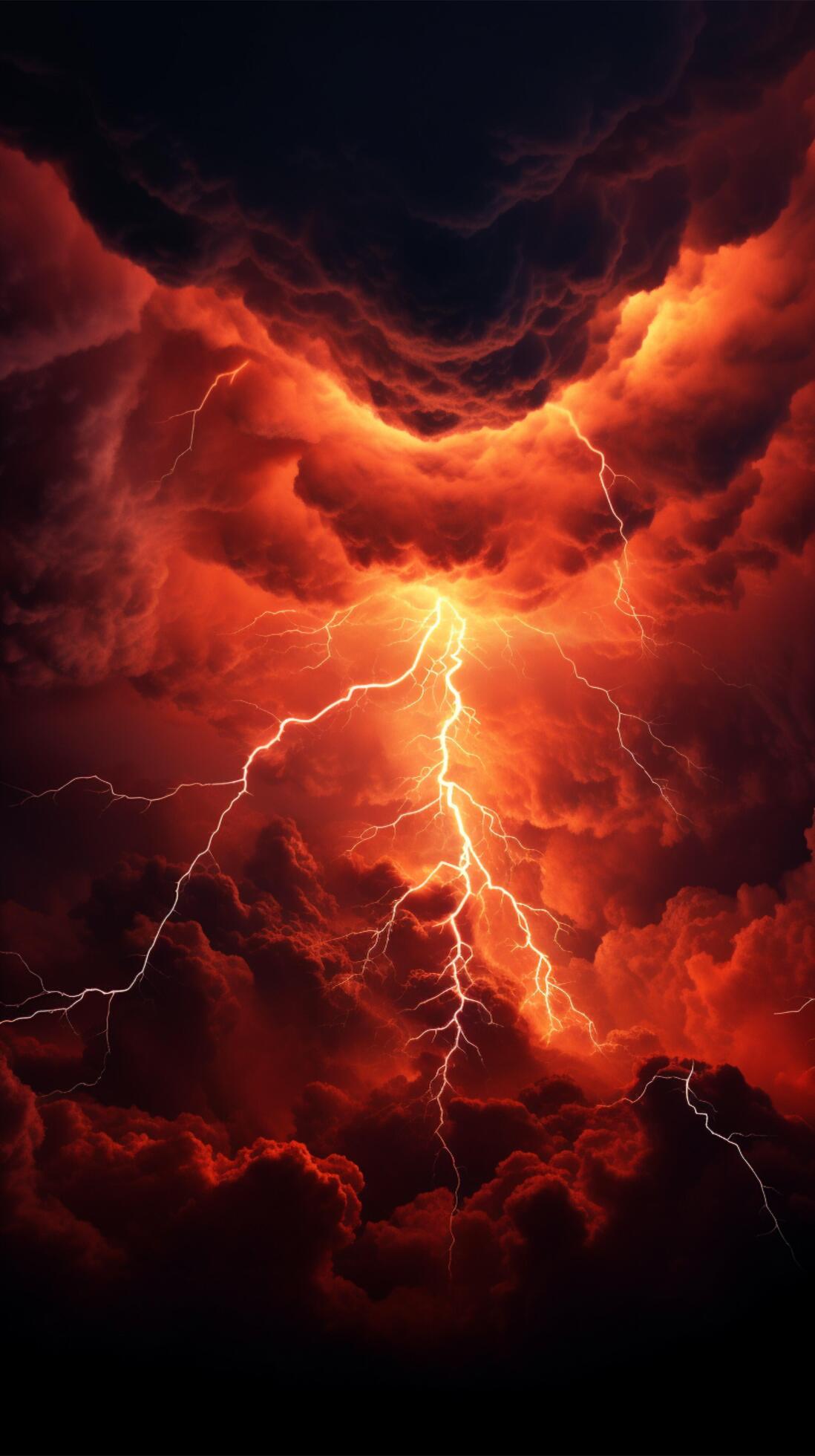 Dramatic red storm sky engulfed in electrifying apocalyptic lightning