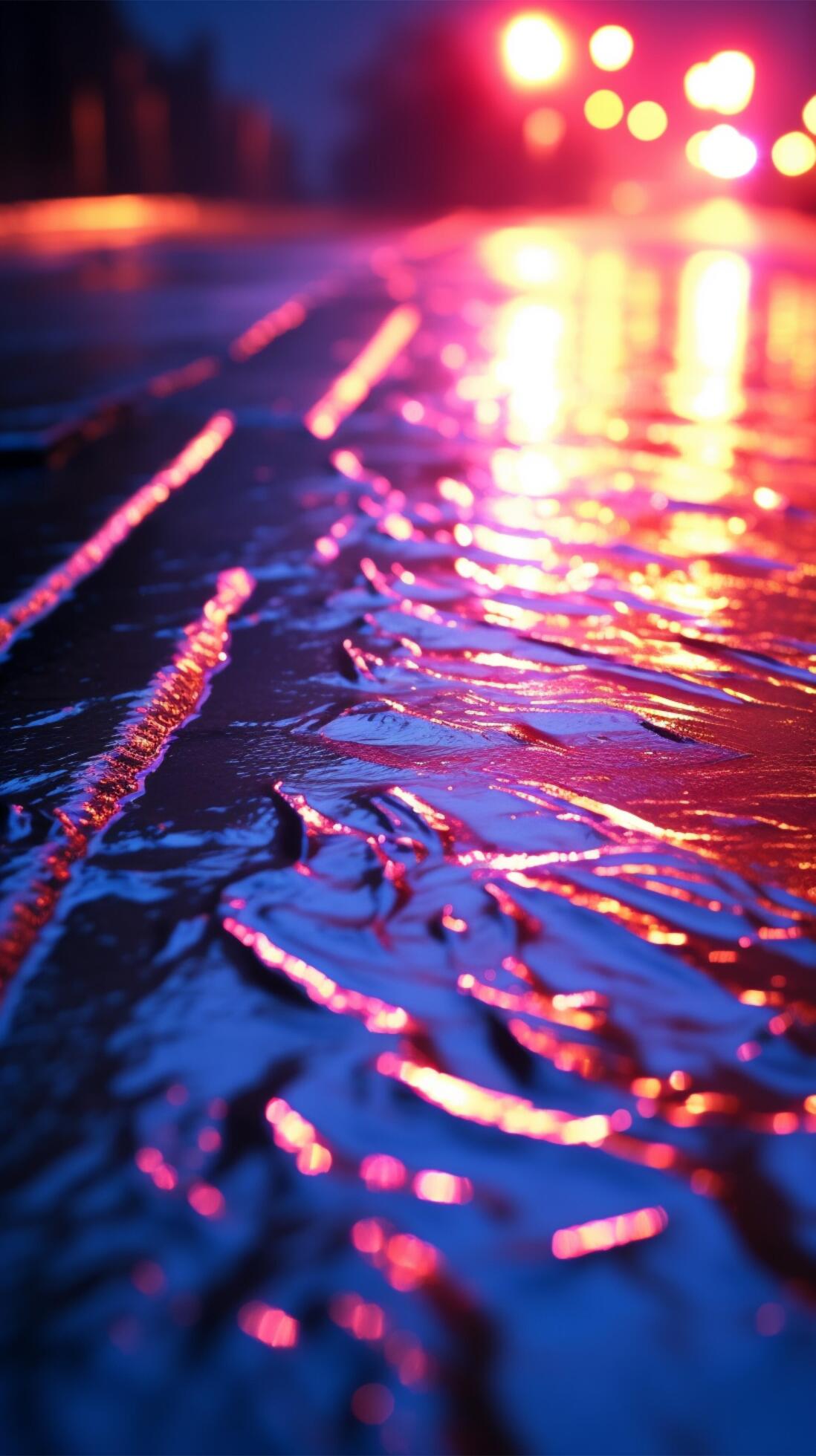 Abstract light patterns from neon lights, searchlight, and smoky fog on wet street Vertical