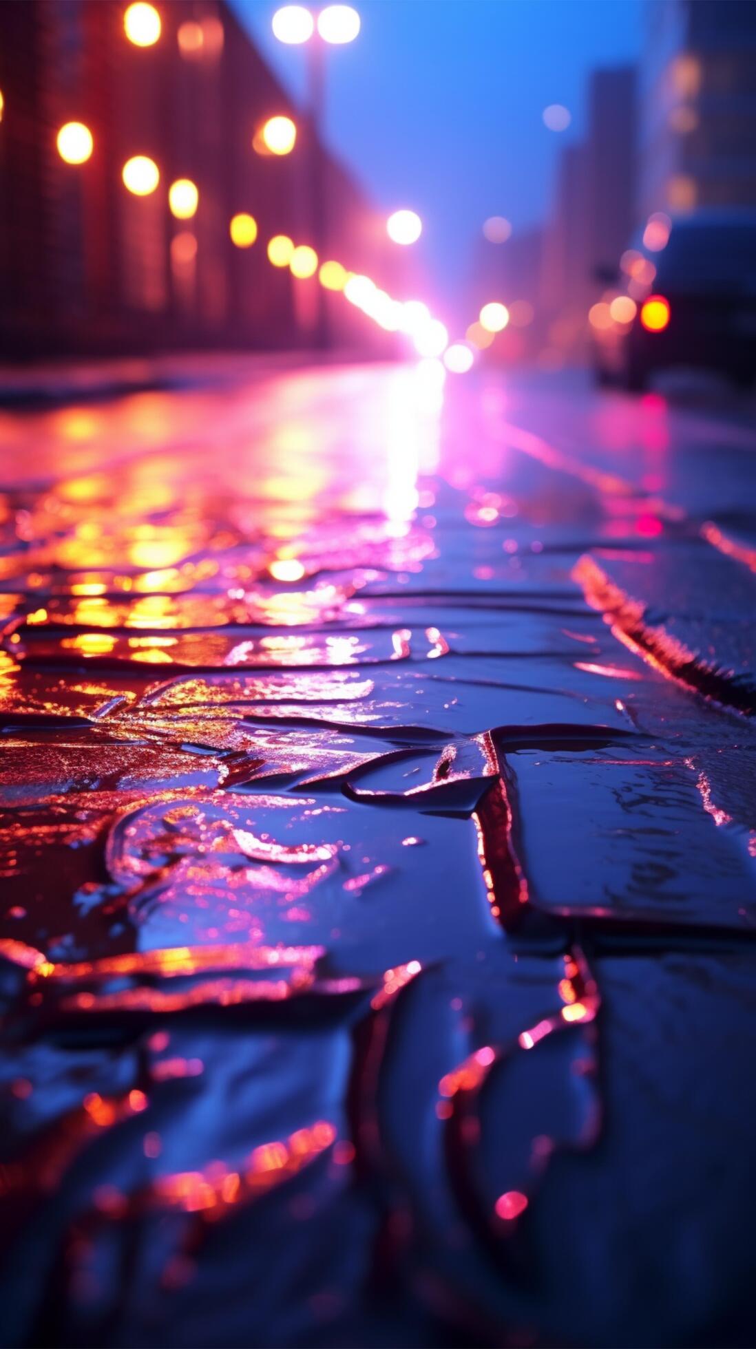 Abstract light patterns from neon lights, searchlight, and smoky fog on wet street Vertical