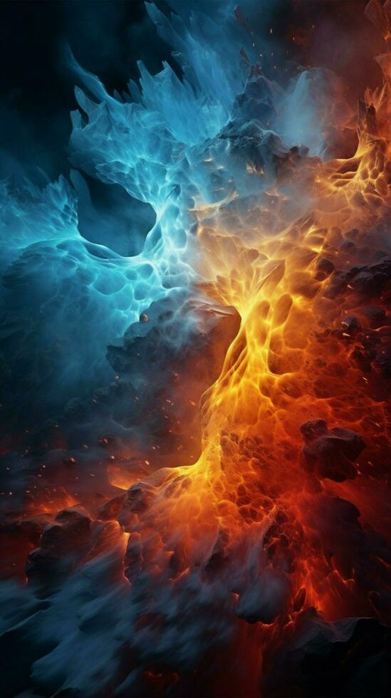 Dynamic black artwork showcases the fusion of fire and ice Vertical Mobile Wallpaper AI Generated photo