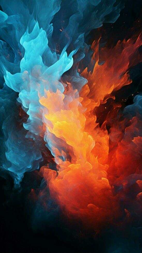 Dynamic black artwork showcases the fusion of fire and ice Vertical Mobile Wallpaper AI Generated photo