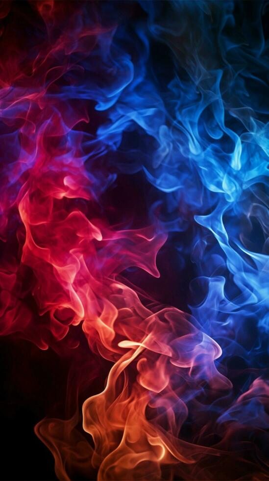 dinámica interacción de rojo y azul llamas en un negro superficie vertical móvil fondo de pantalla ai generado foto
