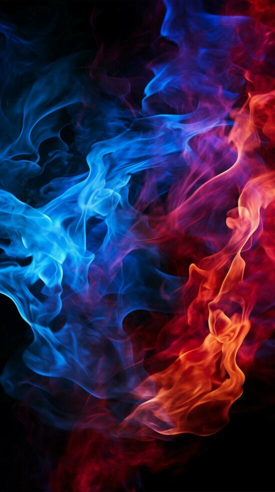 dinámica rojo y azul llamas danza en contra un negro fondo vertical móvil fondo de pantalla ai generado foto