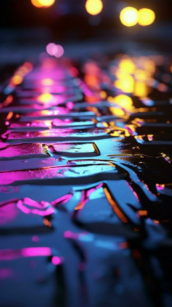 Abstract play of light on wet asphalt with neon reflections Vertical Mobile Wallpaper AI Generated photo