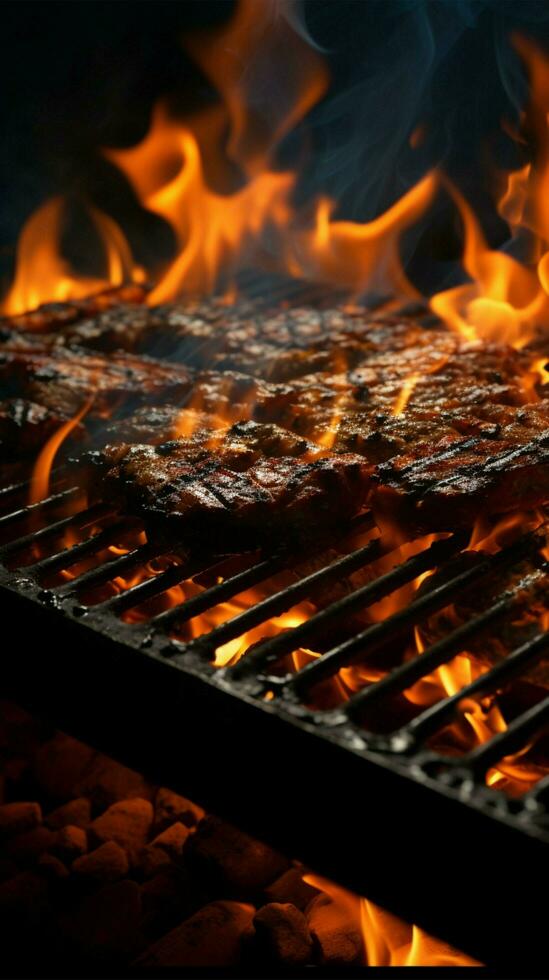 llamas de sabor, un ardiente parilla parrilla esperando el chisporrotear y marchito vertical móvil fondo de pantalla ai generado foto