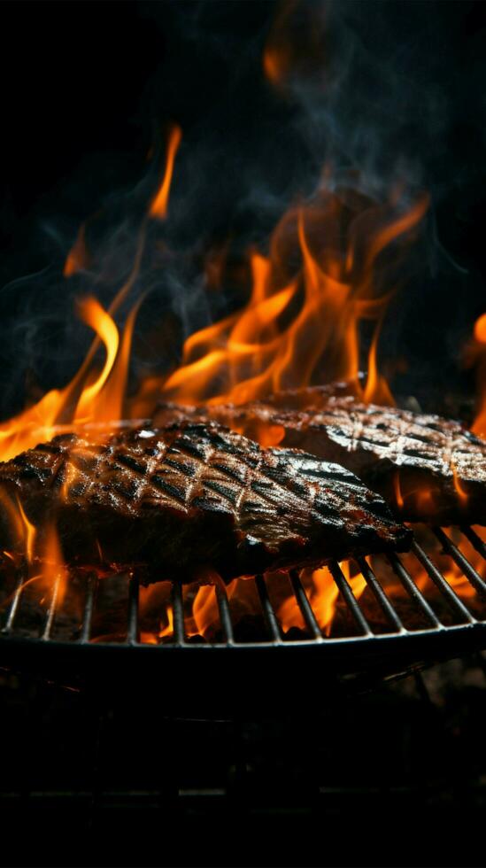 Flaming grill, Barbecue grill ablaze with fiery flames on black background Vertical Mobile Wallpaper AI Generated photo