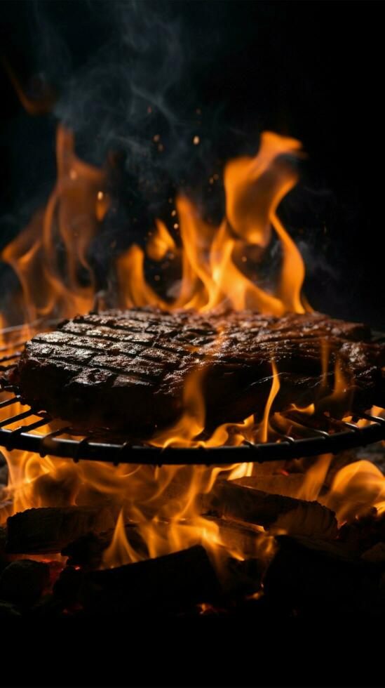 parrilla infierno, negro fondo con un flameante fuego en el parilla vertical móvil fondo de pantalla ai generado foto