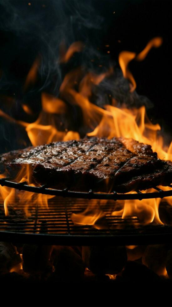 Grill inferno, Black backdrop with a blazing fire on the barbecue Vertical Mobile Wallpaper AI Generated photo