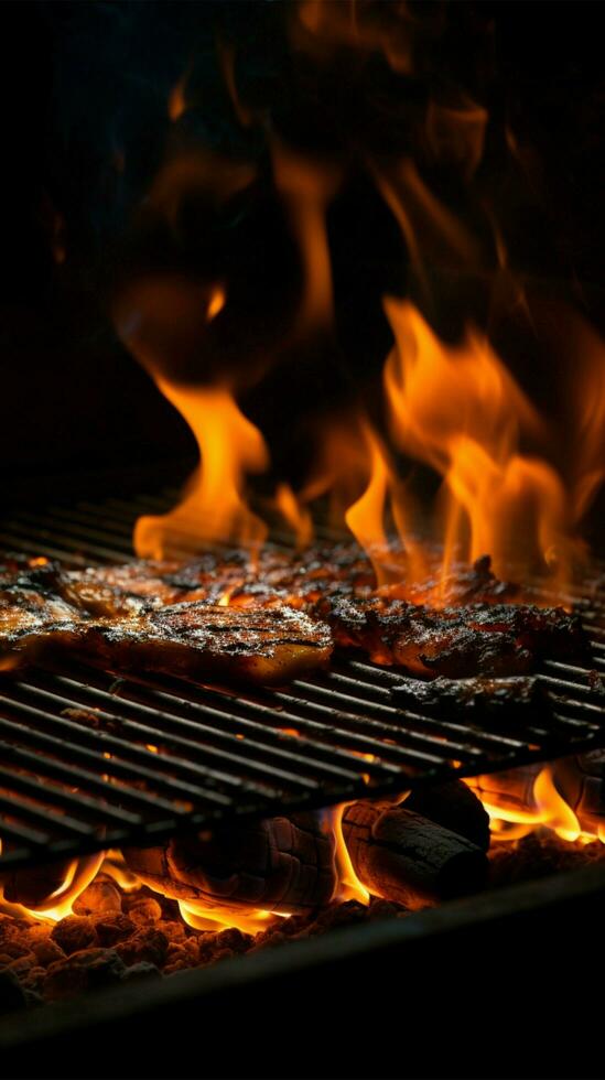 parrilla infierno, negro fondo con un flameante fuego en el parilla vertical móvil fondo de pantalla ai generado foto