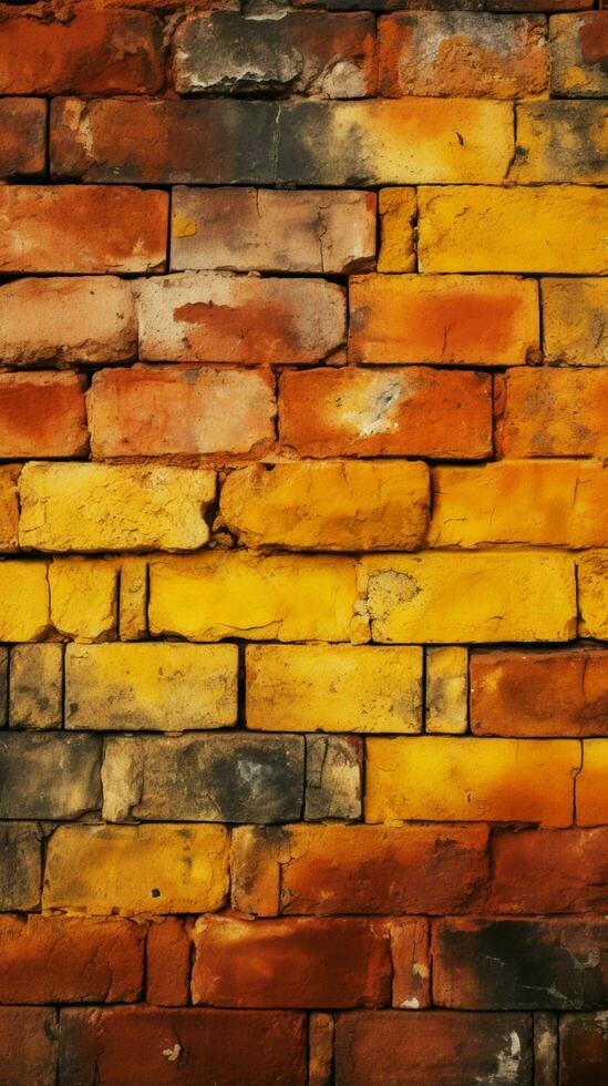 sucio amarillo y rojo ladrillo pared como un sin costura modelo antecedentes vertical móvil fondo de pantalla ai generado foto