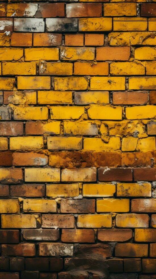 sucio amarillo y rojo ladrillo pared como un sin costura modelo antecedentes vertical móvil fondo de pantalla ai generado foto