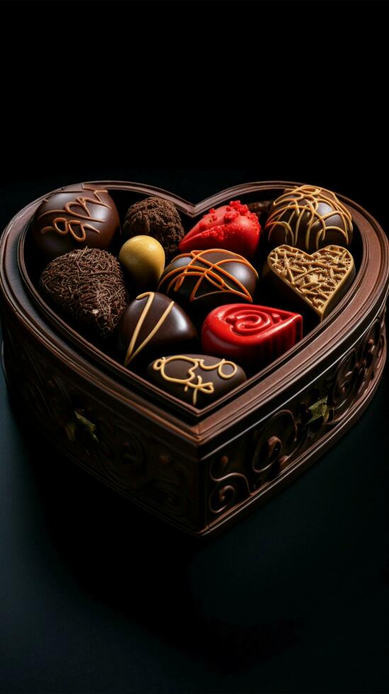 Heart shaped box with tasty chocolate candies on black background Vertical Mobile Wallpaper AI Generated photo