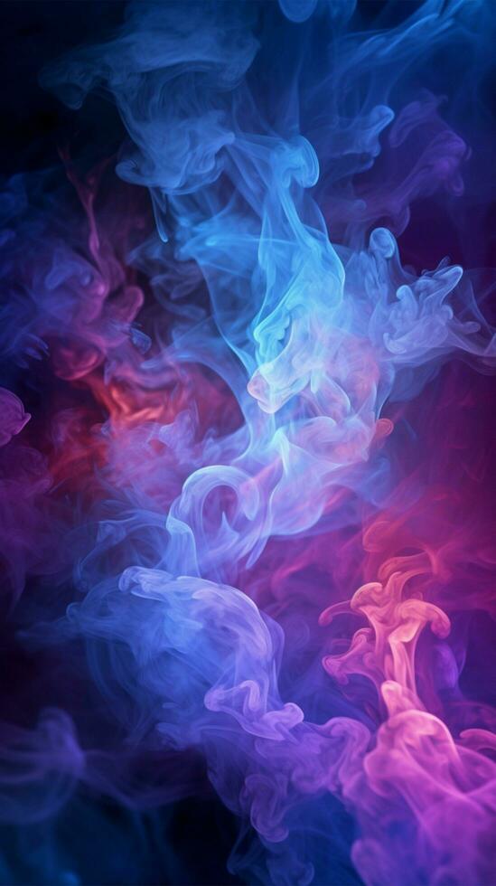 iluminado lleno de humo oscuridad con cautivador púrpura y azul reflectores vertical móvil fondo de pantalla ai generado foto