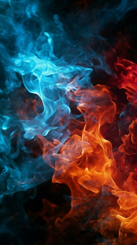 Intense red and blue fire illuminates the black background Vertical Mobile Wallpaper AI Generated photo
