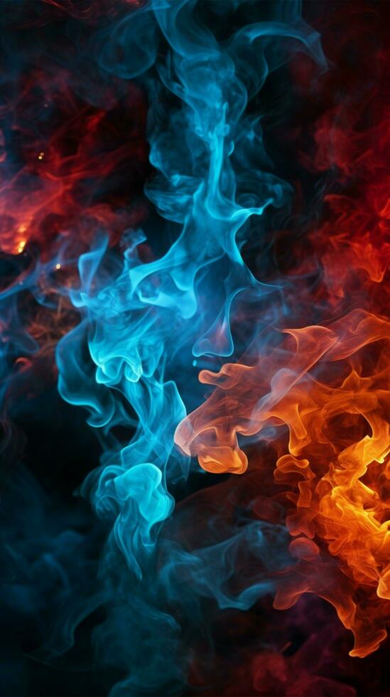 Intense red and blue fire illuminates the black background Vertical Mobile Wallpaper AI Generated photo