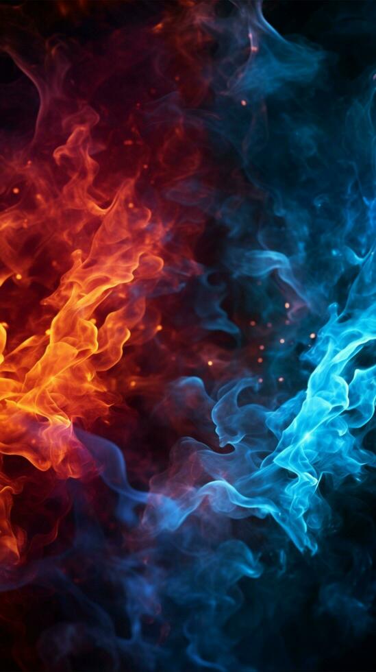 Intense red and blue fire illuminates the black background Vertical Mobile Wallpaper AI Generated photo