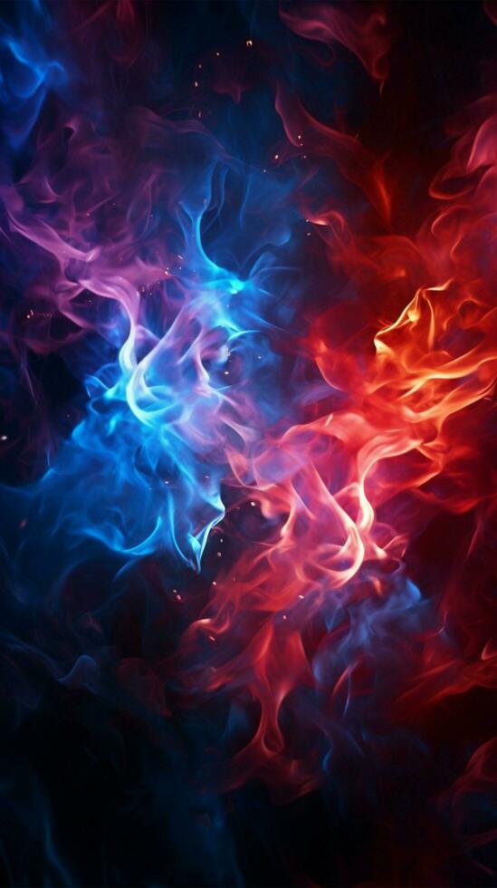 Intertwining red and blue flames mesmerize on a dark background Vertical Mobile Wallpaper AI Generated photo