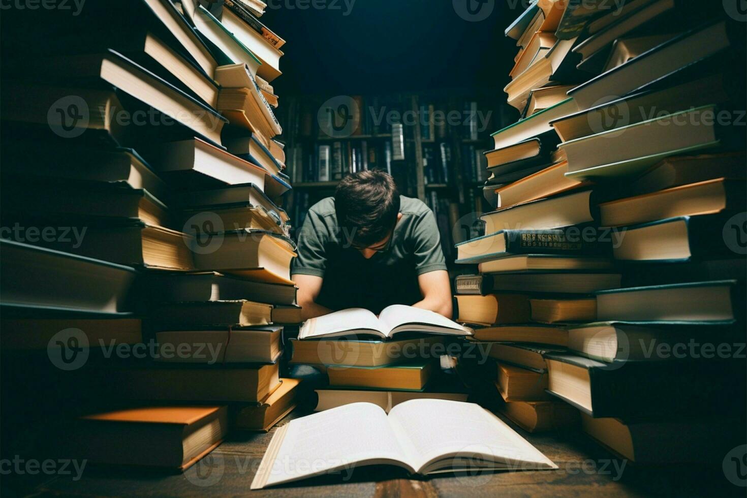 un figura ocultado por un apilar de libros, inmerso en leyendo ai generado foto