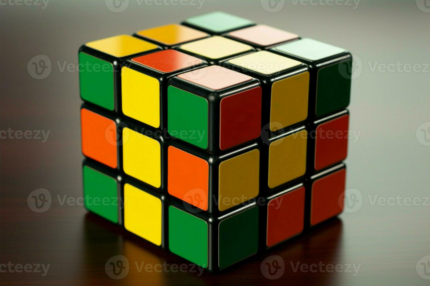 Rubiks Cube with yellow, orange, and green sides, a colorful challenge AI Generated photo