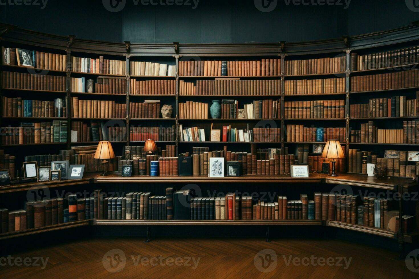 bien organizado libros gracia un marrón de madera estante con eterno elegancia ai generado foto