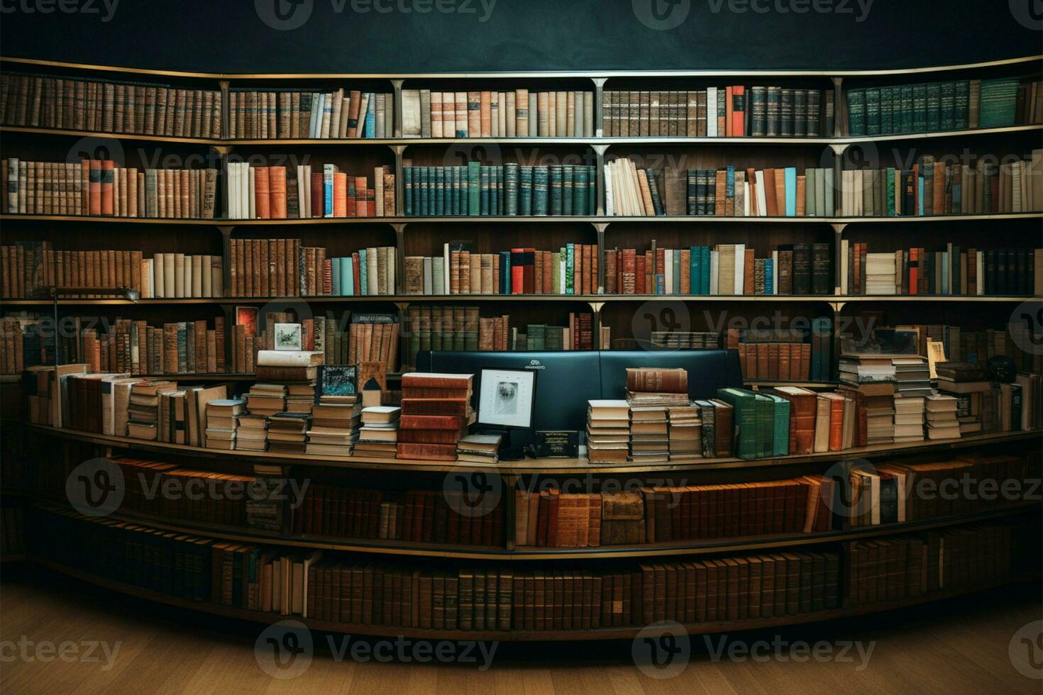 de madera estante para libros con orgullo muestra un colección de bien amado libros ai generado foto