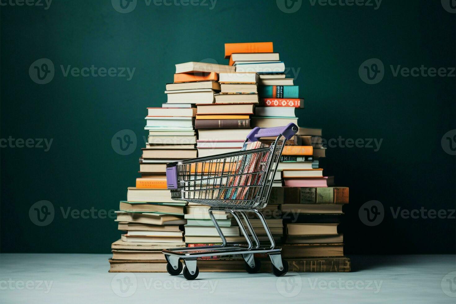 An unexpected scene a shopping cart perched upon a book pile AI Generated photo