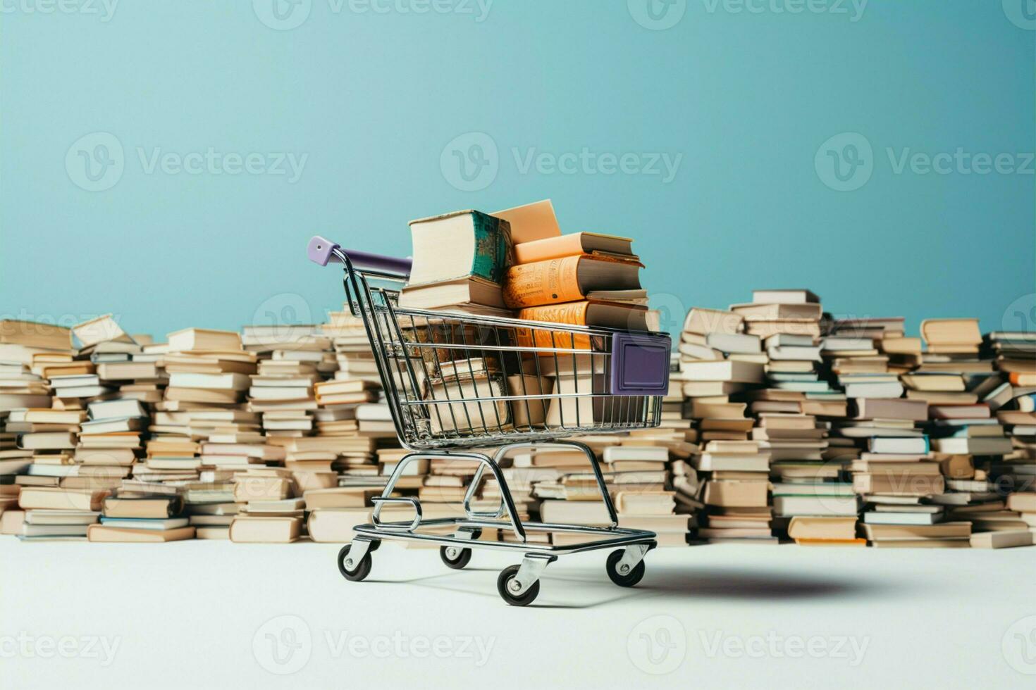 An unexpected scene a shopping cart perched upon a book pile AI Generated photo