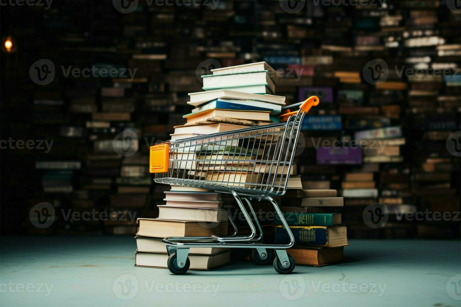 An unexpected scene a shopping cart perched upon a book pile AI Generated photo