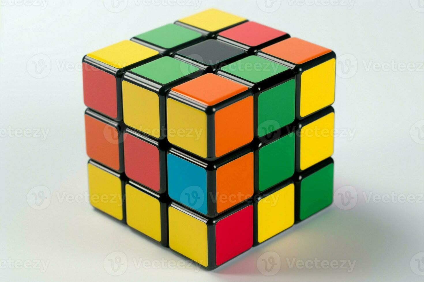 Colorful 3x3 Rubiks Cube features yellow, orange, and green sides AI Generated photo