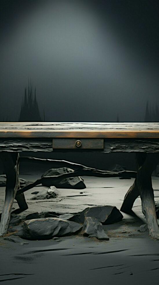Abandoned coal colored table, against pristine white, a study in contrast Vertical Mobile Wallpaper AI Generated photo