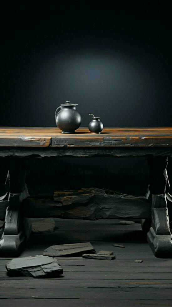 Abandoned coal colored table, against pristine white, a study in contrast Vertical Mobile Wallpaper AI Generated photo
