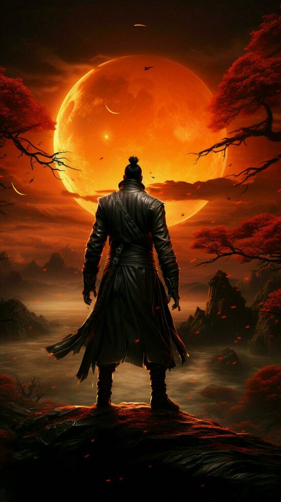 un samurai postura con el puesta de sol como el antecedentes vertical móvil fondo de pantalla ai generado foto