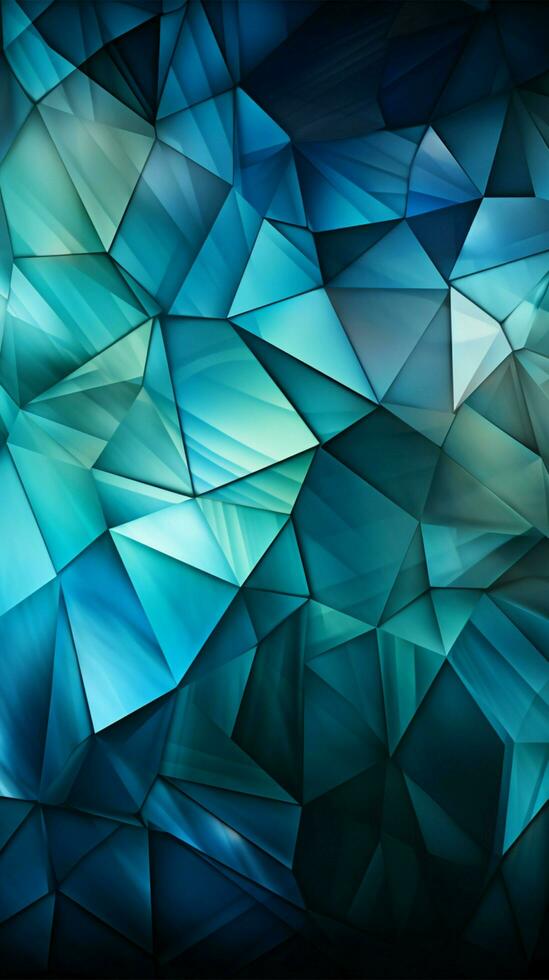 resumen triangulos en armonioso matices profundo azul, verde, blanco, y vívido cian vertical móvil fondo de pantalla ai generado foto