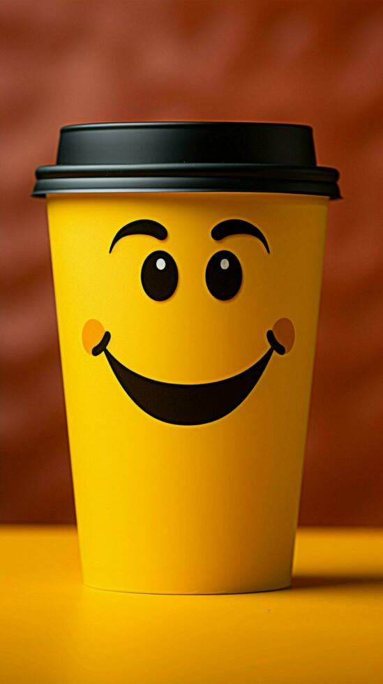 Adorable coffee cup persona on yellow backdrop, sporting a grin Copy friendly atmosphere Vertical Mobile Wallpaper AI Generated photo