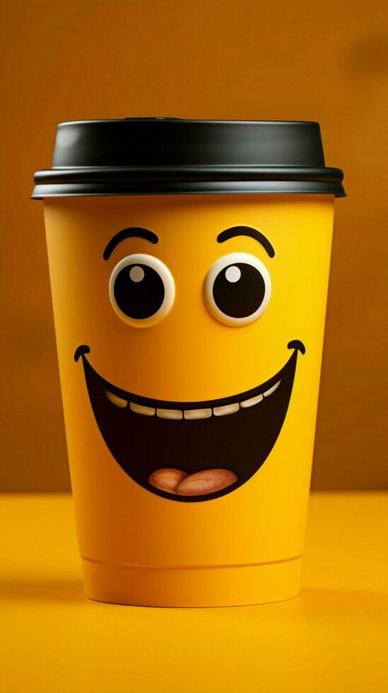 Adorable coffee cup persona on yellow backdrop, sporting a grin Copy friendly atmosphere Vertical Mobile Wallpaper AI Generated photo