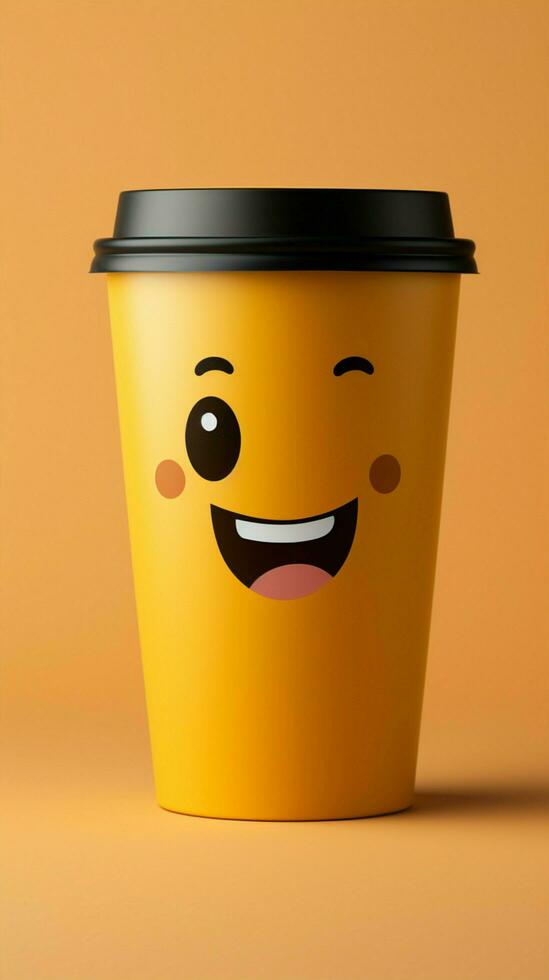 adorable café taza persona en amarillo fondo, deportivo un mueca Copiar simpático atmósfera vertical móvil fondo de pantalla ai generado foto