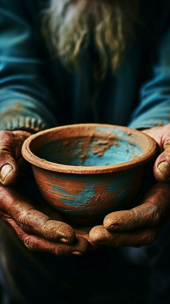 Aged hands clutch empty bowl, selective focus conveying the harshness of poverty Vertical Mobile Wallpaper AI Generated photo