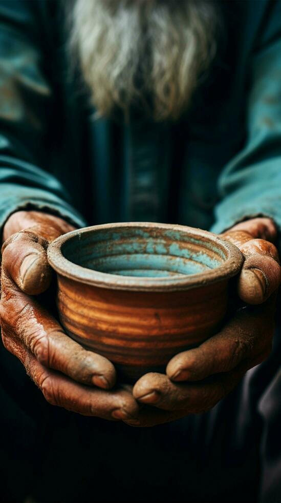 Aged hands clutch empty bowl, selective focus conveying the harshness of poverty Vertical Mobile Wallpaper AI Generated photo