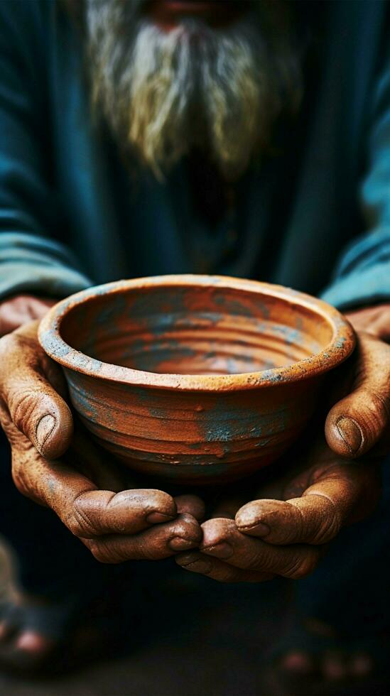 Aged hands clutch empty bowl, selective focus conveying the harshness of poverty Vertical Mobile Wallpaper AI Generated photo