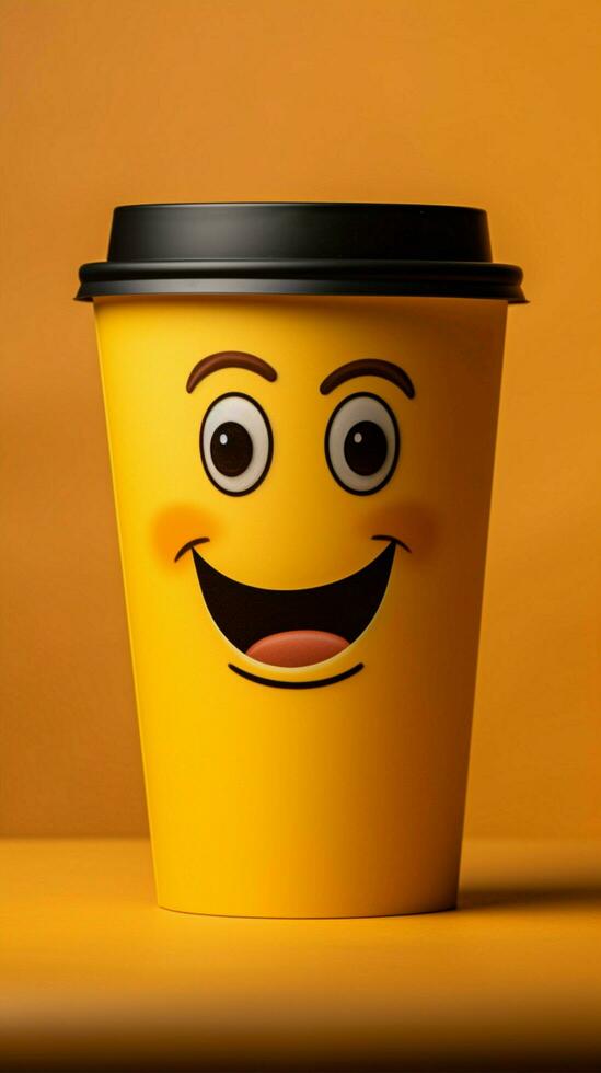 Adorable coffee cup persona on yellow backdrop, sporting a grin Copy friendly atmosphere Vertical Mobile Wallpaper AI Generated photo