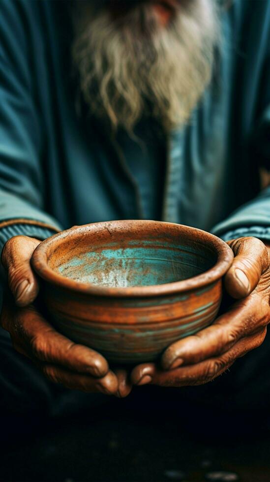 Aged hands clutch empty bowl, selective focus conveying the harshness of poverty Vertical Mobile Wallpaper AI Generated photo