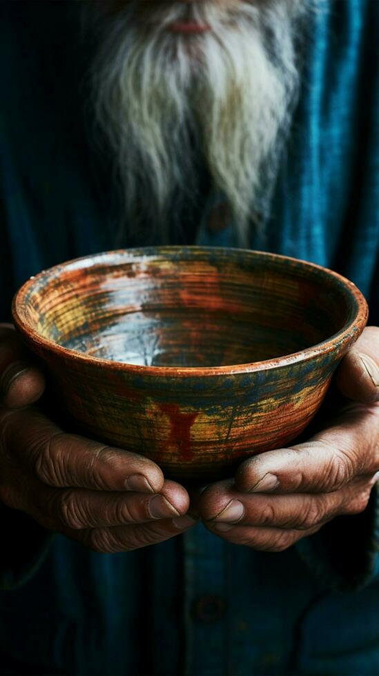 Aged hands grip empty bowl on wood, illustrating the poignant reality of hunger Vertical Mobile Wallpaper AI Generated photo