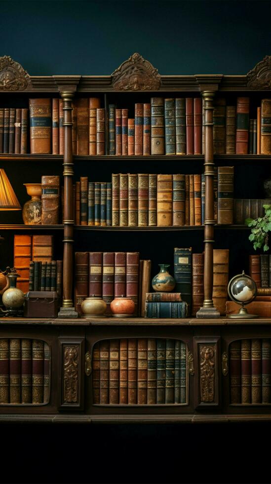 A trove of vintage books adorns the bookshelf, nurturing wisdom in libraries Vertical Mobile Wallpaper AI Generated photo