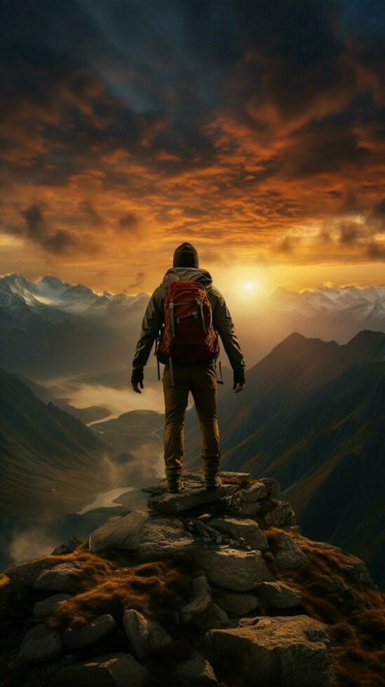 Back to the dawn, backpacker on rocky height, arms raised, embracing mountainous panorama Vertical Mobile Wallpaper AI Generated photo