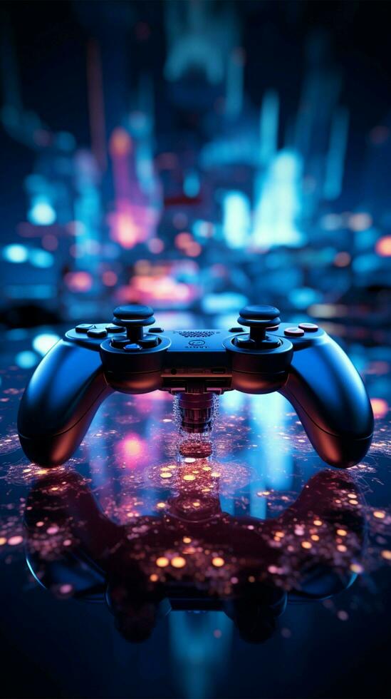 Blue toned virtual world joystick close up, late night gaming session becomes immersive Vertical Mobile Wallpaper AI Generated photo