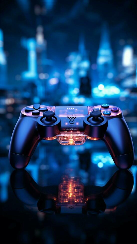 Blue toned virtual world joystick close up, late night gaming session becomes immersive Vertical Mobile Wallpaper AI Generated photo