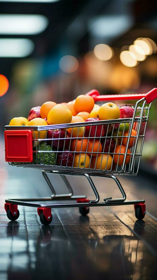 bullicioso mercado compras carro en supermercado, conjunto en contra vibrante borroso Tienda bokeh vertical móvil fondo de pantalla ai generado foto